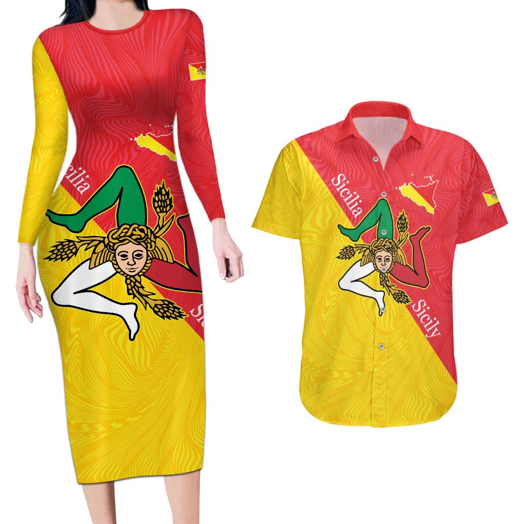 Personalized Italy Sicily Couples Matching Long Sleeve Bodycon Dress and Hawaiian Shirt Sicilia Gorgoneion with Triskeles