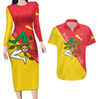 Personalized Italy Sicily Couples Matching Long Sleeve Bodycon Dress and Hawaiian Shirt Sicilia Gorgoneion with Triskeles