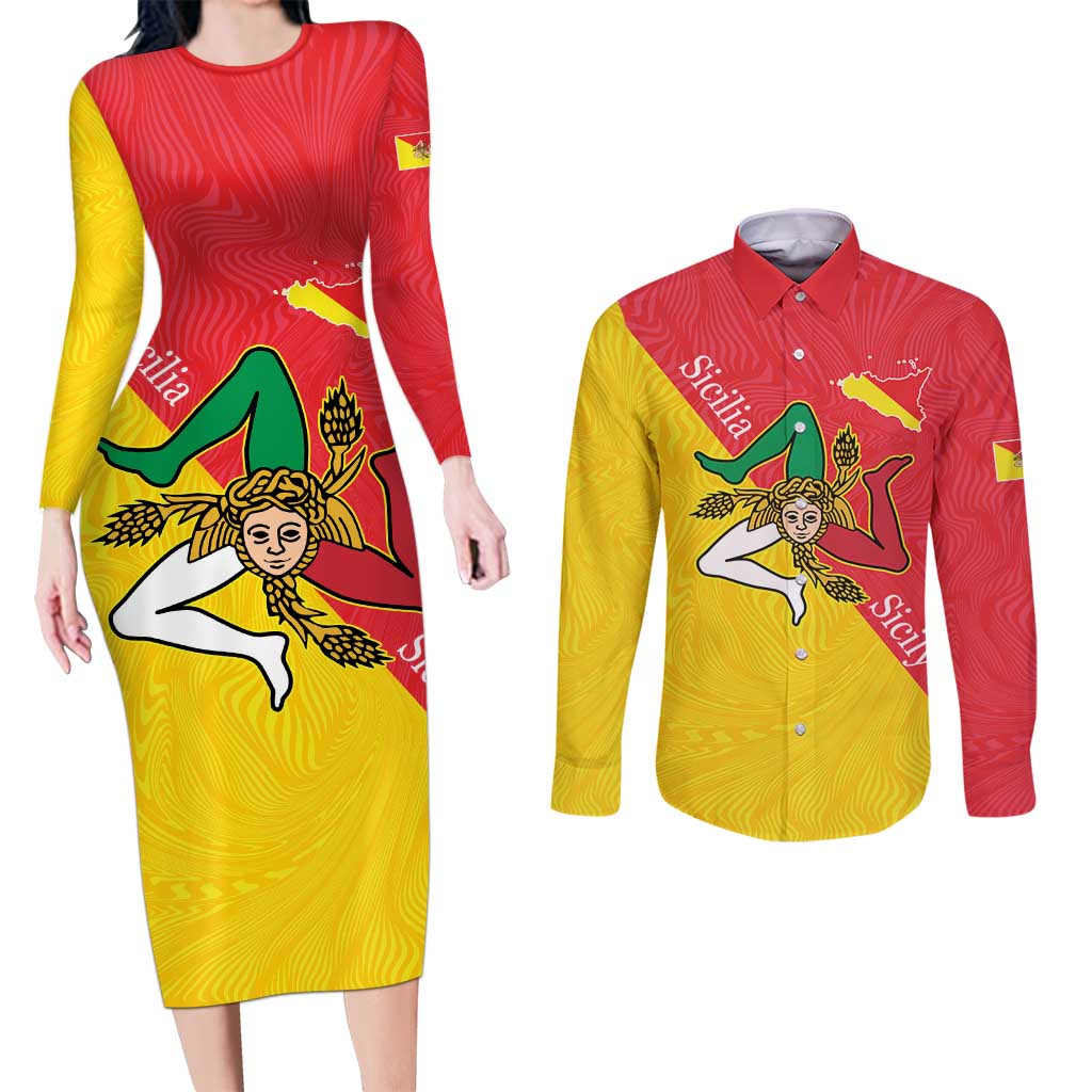 Personalized Italy Sicily Couples Matching Long Sleeve Bodycon Dress and Long Sleeve Button Shirt Sicilia Gorgoneion with Triskeles