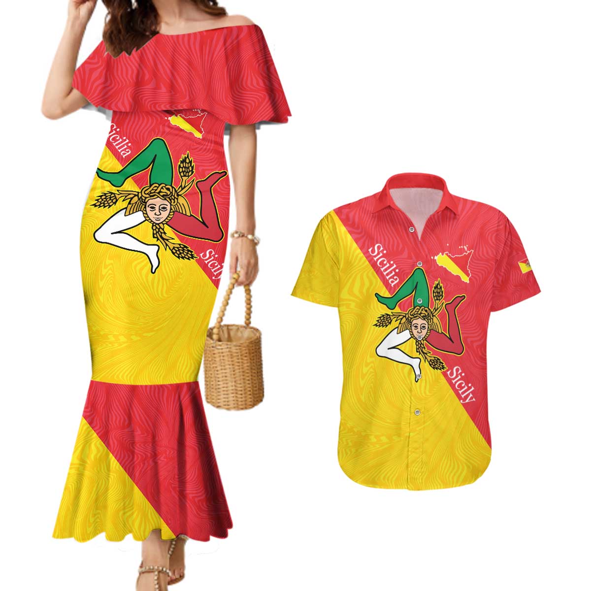 Personalized Italy Sicily Couples Matching Mermaid Dress and Hawaiian Shirt Sicilia Gorgoneion with Triskeles