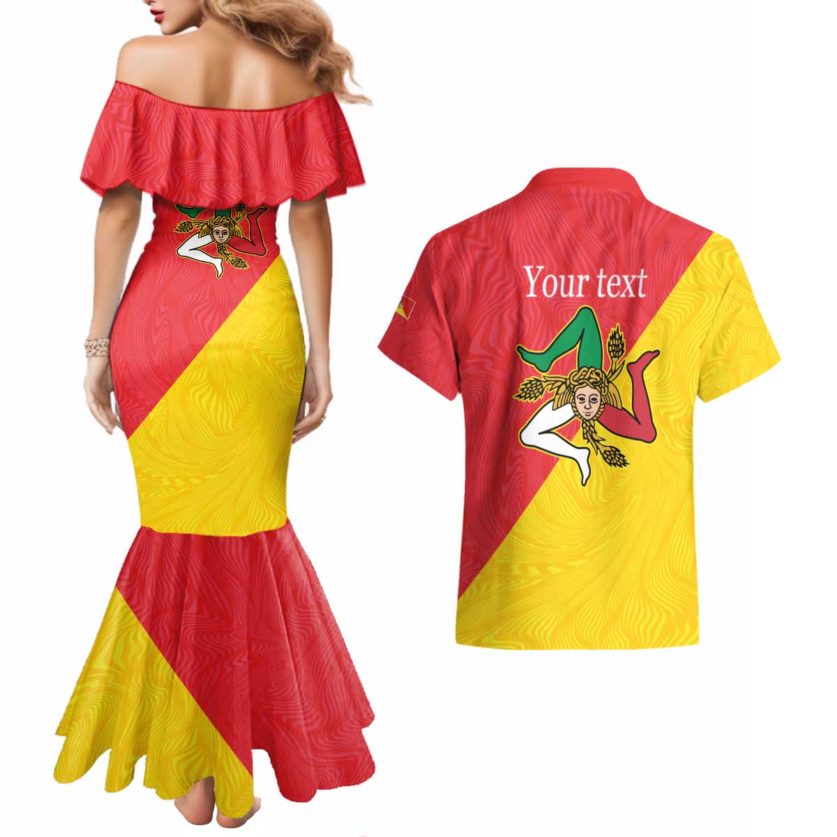 Personalized Italy Sicily Couples Matching Mermaid Dress and Hawaiian Shirt Sicilia Gorgoneion with Triskeles