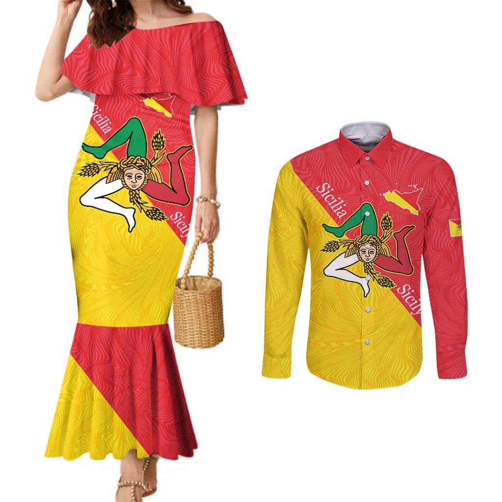 Personalized Italy Sicily Couples Matching Mermaid Dress and Long Sleeve Button Shirt Sicilia Gorgoneion with Triskeles
