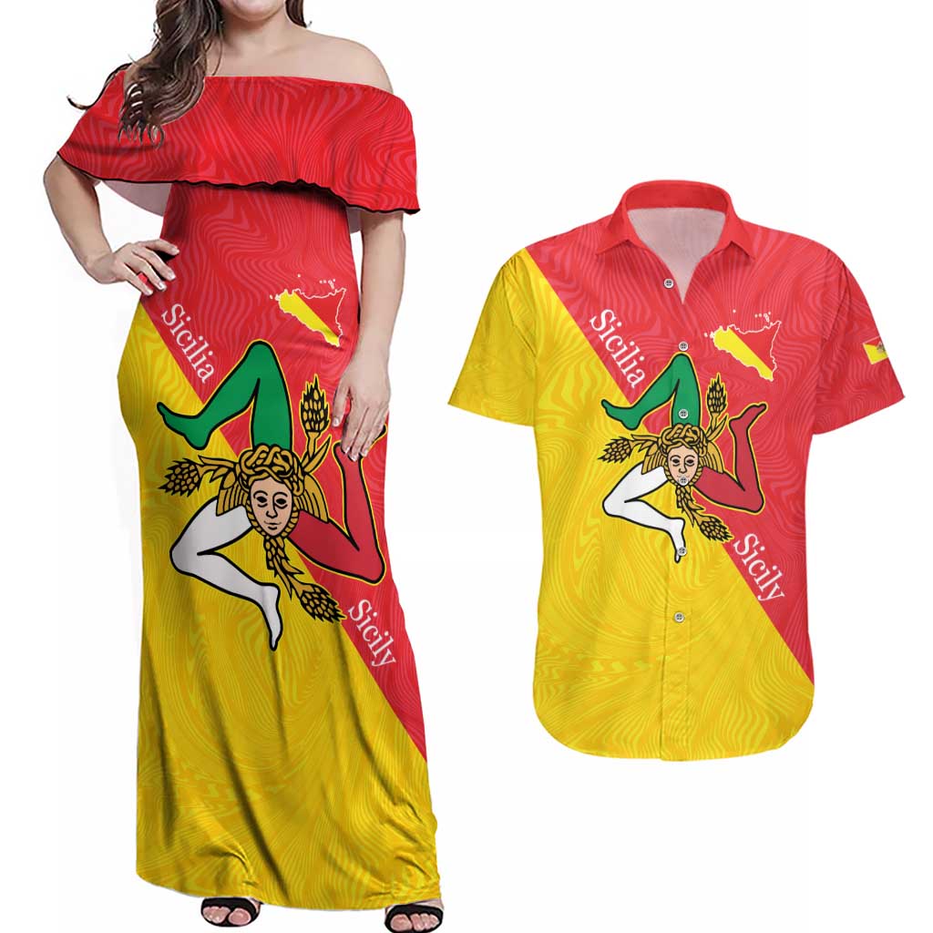 Personalized Italy Sicily Couples Matching Off Shoulder Maxi Dress and Hawaiian Shirt Sicilia Gorgoneion with Triskeles