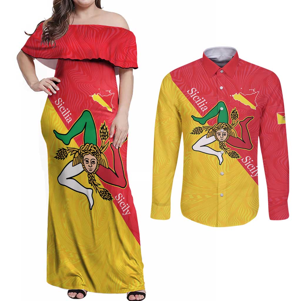 Personalized Italy Sicily Couples Matching Off Shoulder Maxi Dress and Long Sleeve Button Shirt Sicilia Gorgoneion with Triskeles