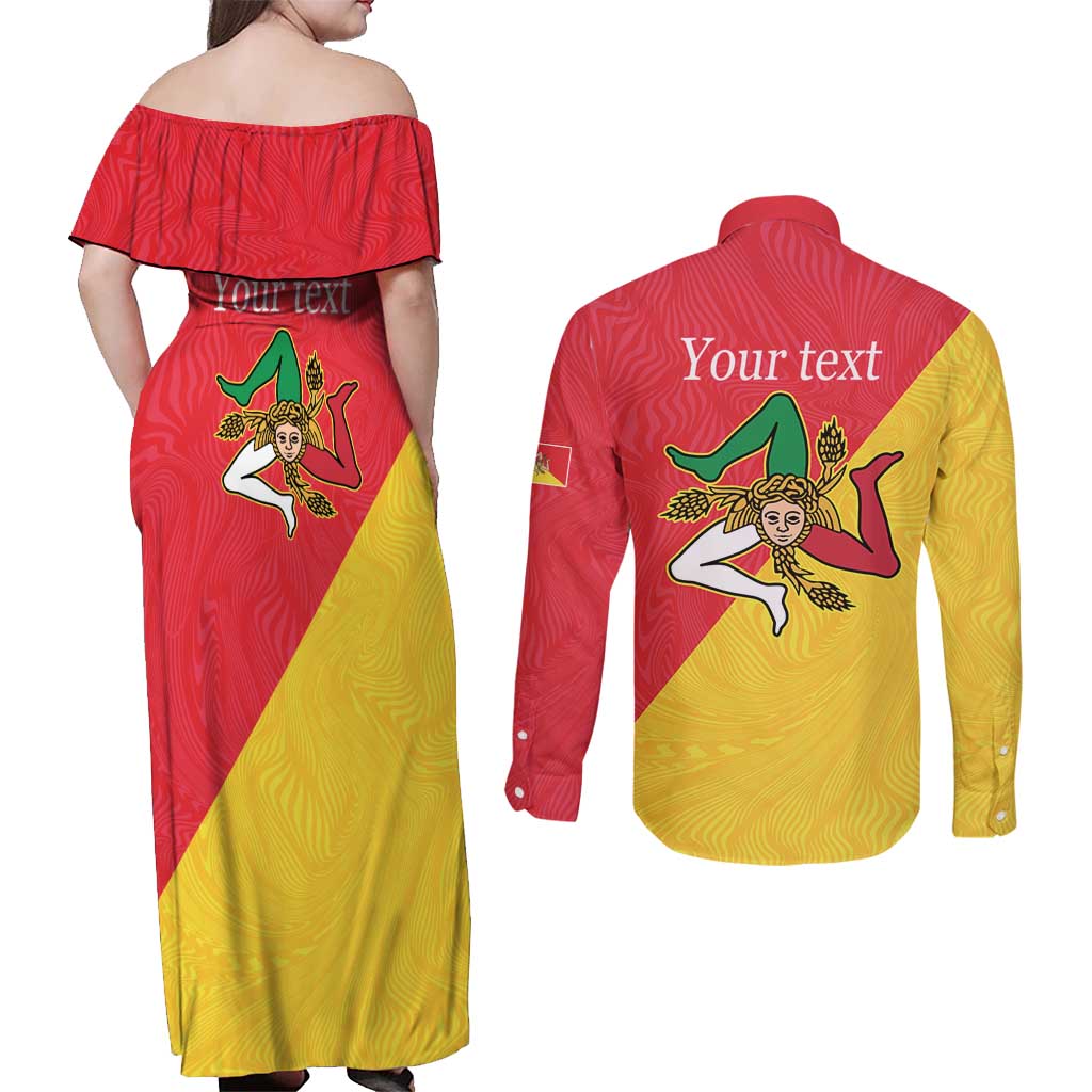 Personalized Italy Sicily Couples Matching Off Shoulder Maxi Dress and Long Sleeve Button Shirt Sicilia Gorgoneion with Triskeles