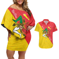 Personalized Italy Sicily Couples Matching Off Shoulder Short Dress and Hawaiian Shirt Sicilia Gorgoneion with Triskeles