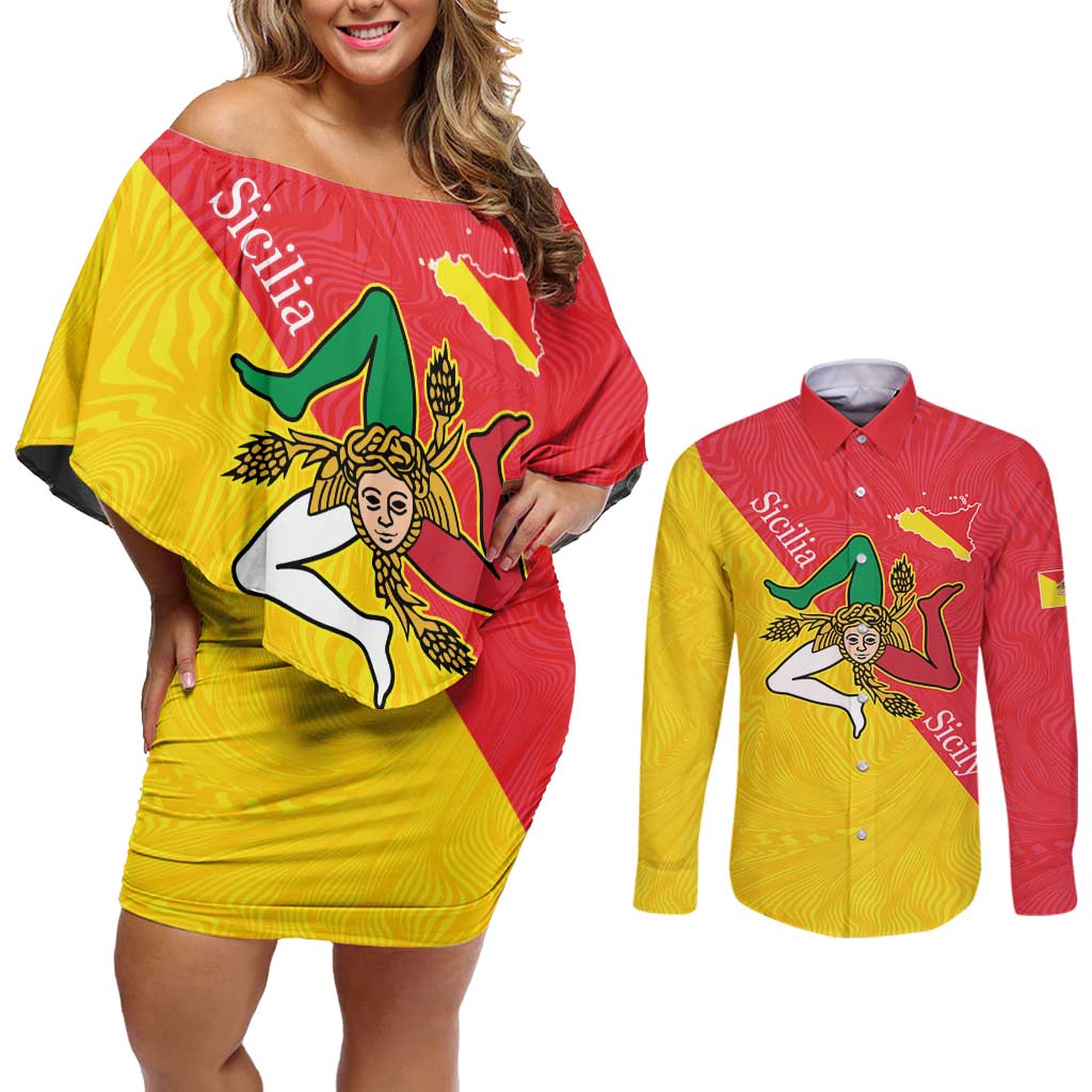 Personalized Italy Sicily Couples Matching Off Shoulder Short Dress and Long Sleeve Button Shirt Sicilia Gorgoneion with Triskeles