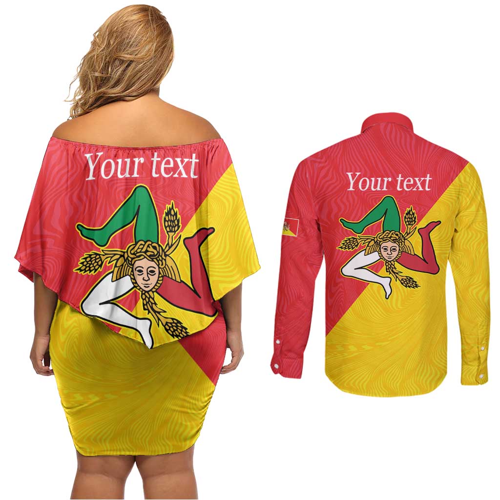 Personalized Italy Sicily Couples Matching Off Shoulder Short Dress and Long Sleeve Button Shirt Sicilia Gorgoneion with Triskeles