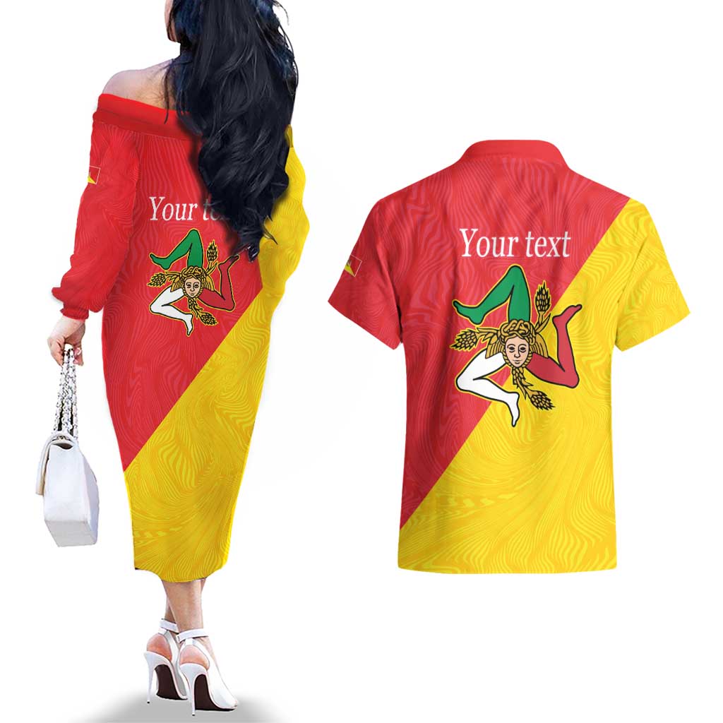Personalized Italy Sicily Couples Matching Off The Shoulder Long Sleeve Dress and Hawaiian Shirt Sicilia Gorgoneion with Triskeles
