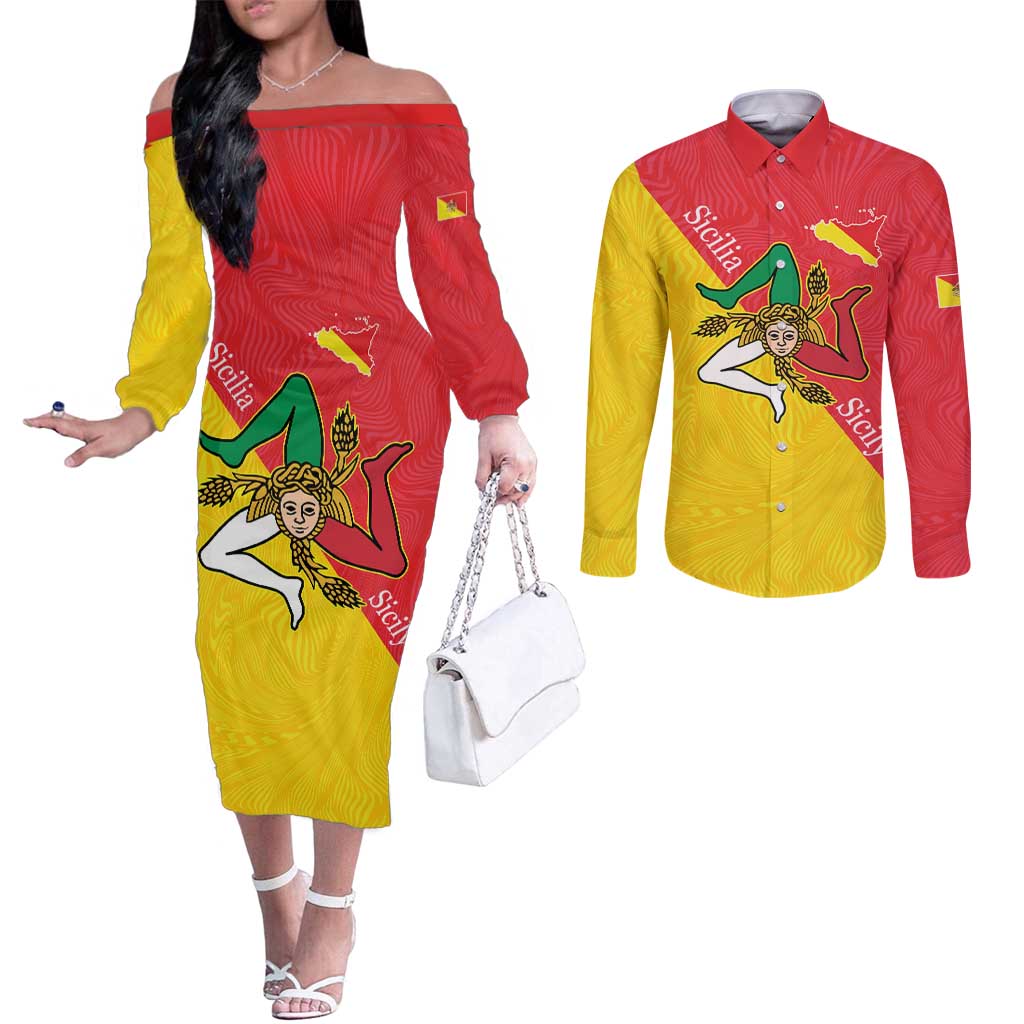 Personalized Italy Sicily Couples Matching Off The Shoulder Long Sleeve Dress and Long Sleeve Button Shirt Sicilia Gorgoneion with Triskeles