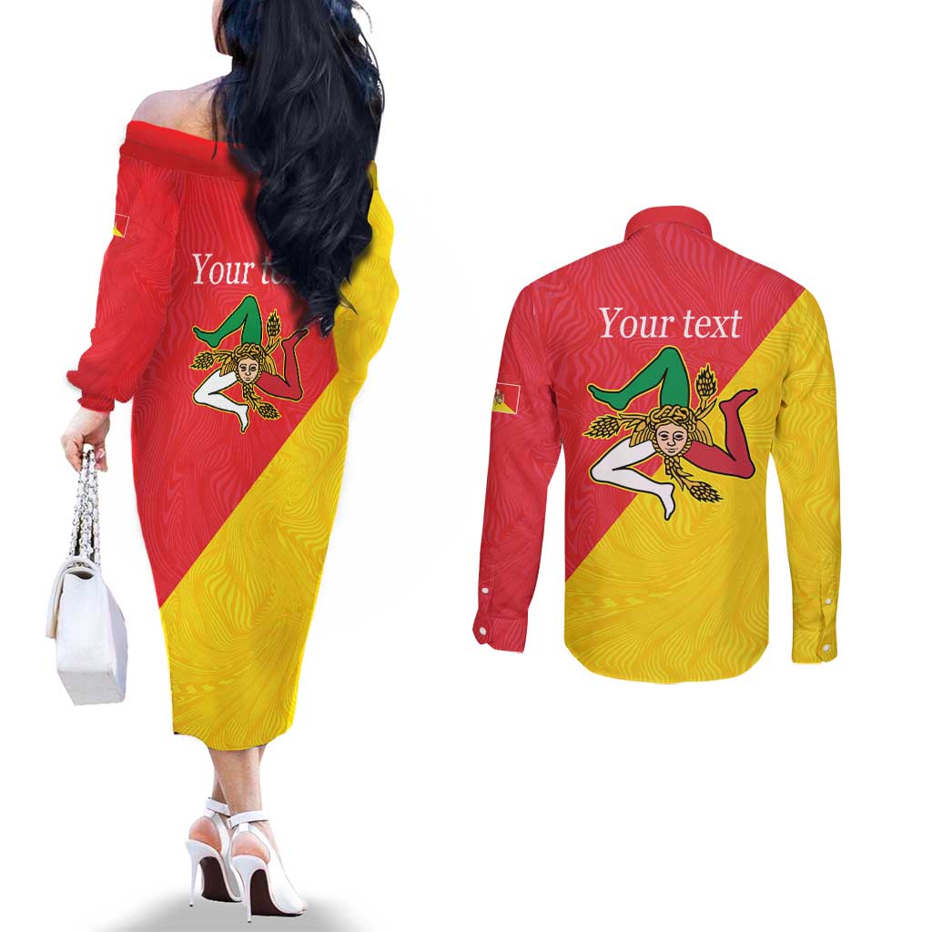 Personalized Italy Sicily Couples Matching Off The Shoulder Long Sleeve Dress and Long Sleeve Button Shirt Sicilia Gorgoneion with Triskeles