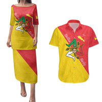 Personalized Italy Sicily Couples Matching Puletasi and Hawaiian Shirt Sicilia Gorgoneion with Triskeles