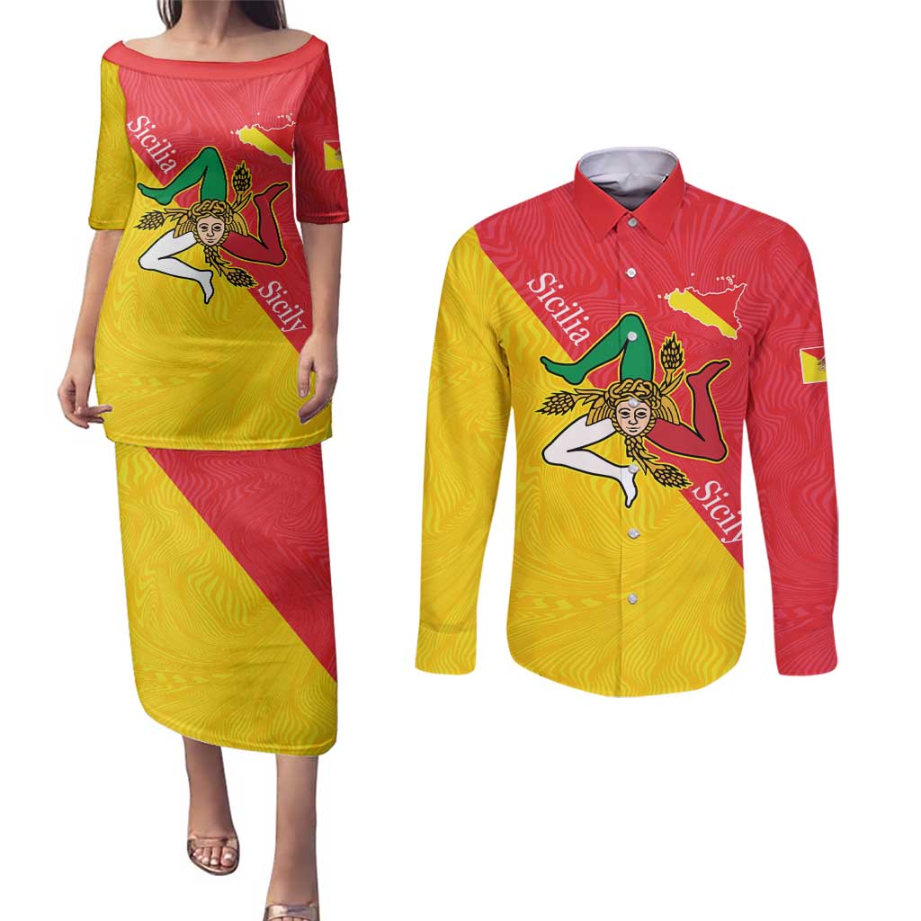 Personalized Italy Sicily Couples Matching Puletasi and Long Sleeve Button Shirt Sicilia Gorgoneion with Triskeles