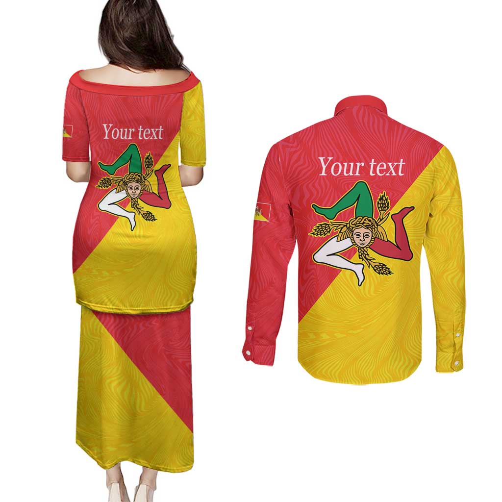 Personalized Italy Sicily Couples Matching Puletasi and Long Sleeve Button Shirt Sicilia Gorgoneion with Triskeles