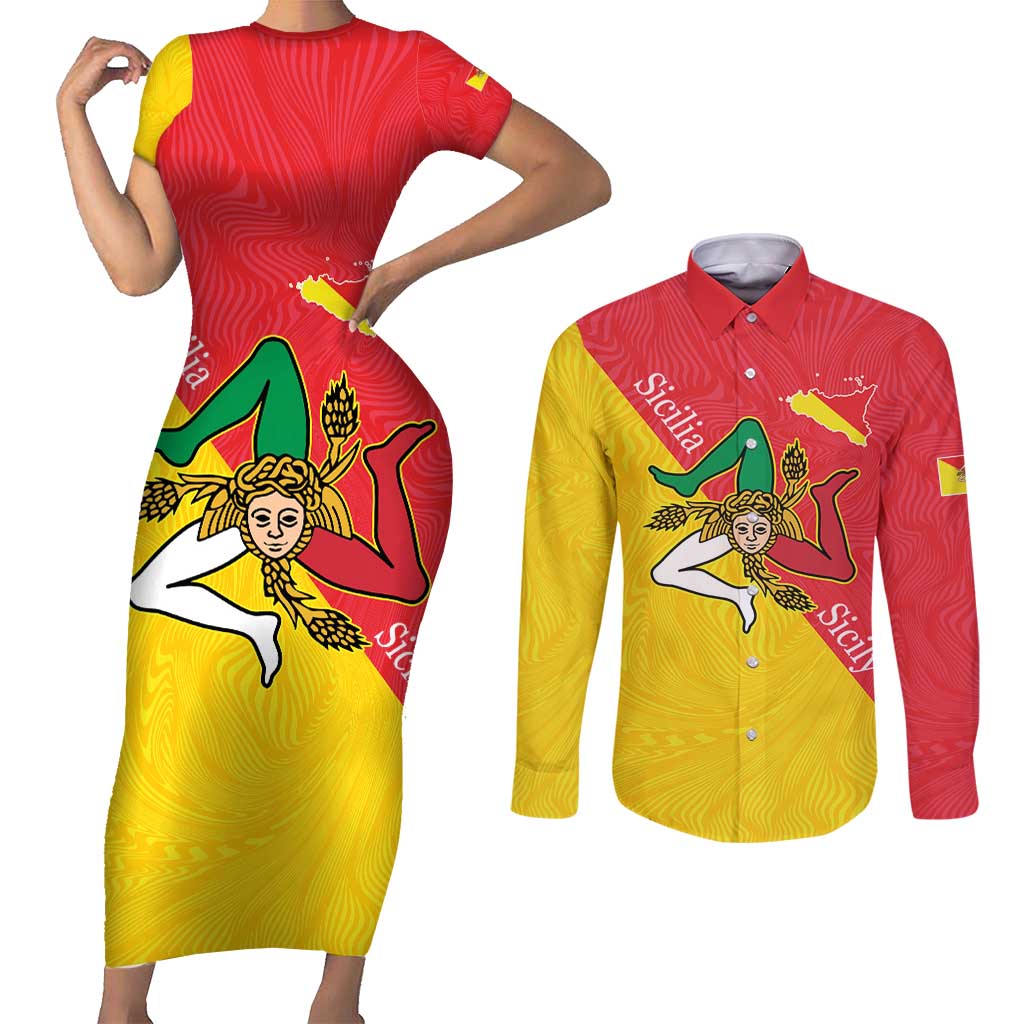 Personalized Italy Sicily Couples Matching Short Sleeve Bodycon Dress and Long Sleeve Button Shirt Sicilia Gorgoneion with Triskeles