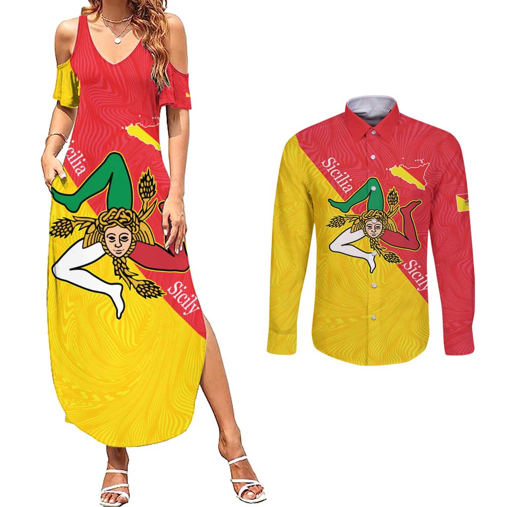 Personalized Italy Sicily Couples Matching Summer Maxi Dress and Long Sleeve Button Shirt Sicilia Gorgoneion with Triskeles