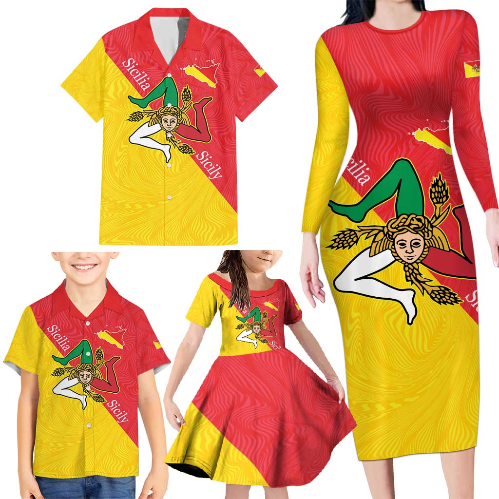 Personalized Italy Sicily Family Matching Long Sleeve Bodycon Dress and Hawaiian Shirt Sicilia Gorgoneion with Triskeles
