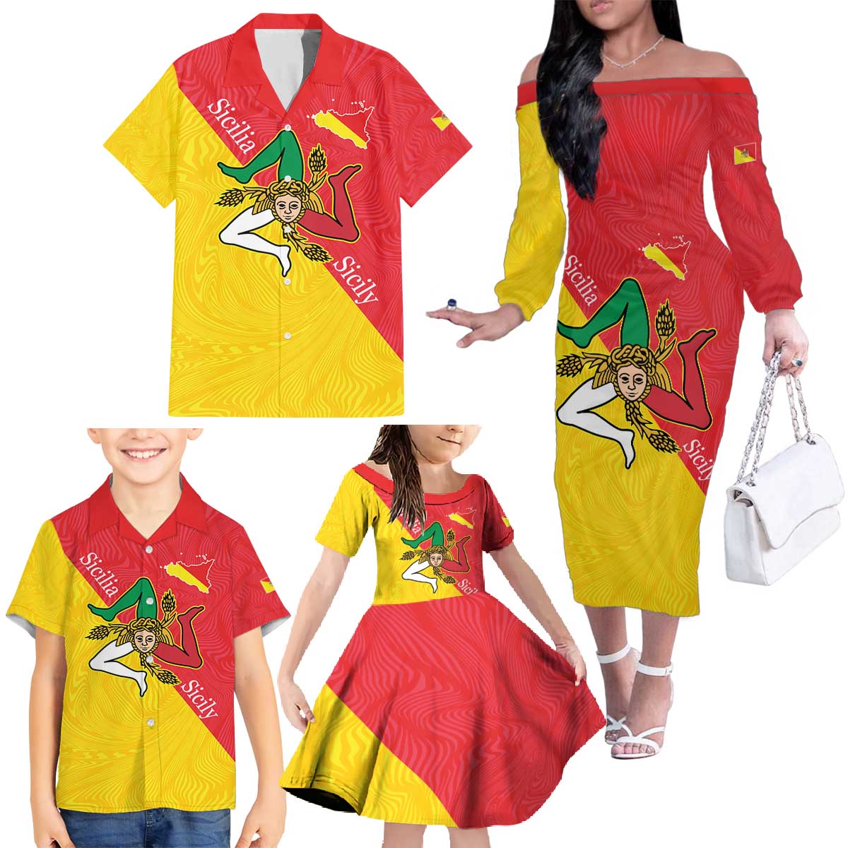 Personalized Italy Sicily Family Matching Off The Shoulder Long Sleeve Dress and Hawaiian Shirt Sicilia Gorgoneion with Triskeles