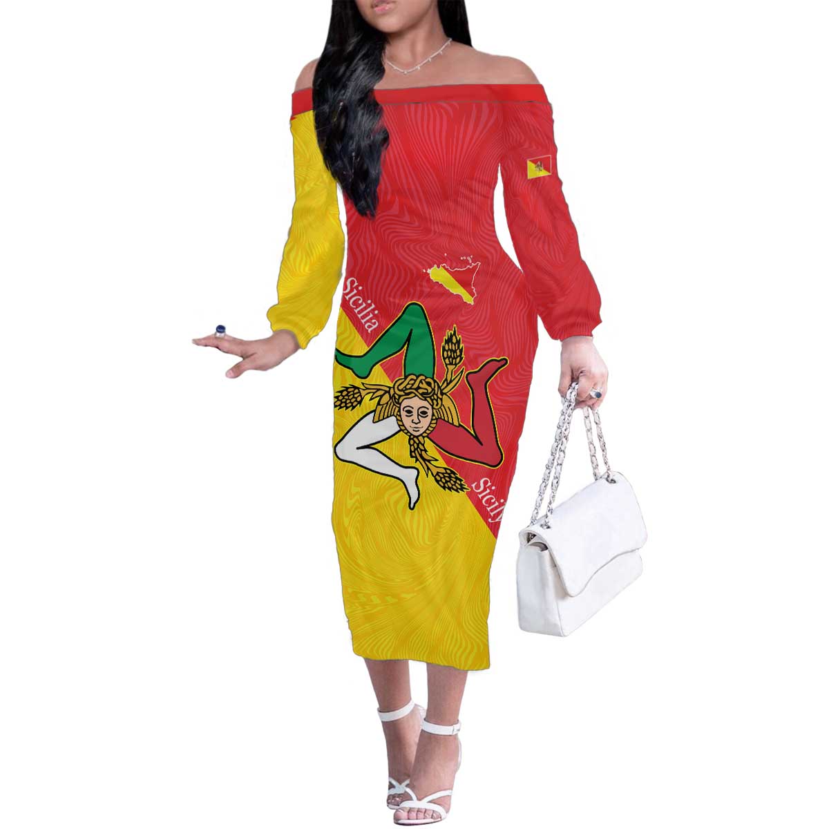 Personalized Italy Sicily Family Matching Off The Shoulder Long Sleeve Dress and Hawaiian Shirt Sicilia Gorgoneion with Triskeles