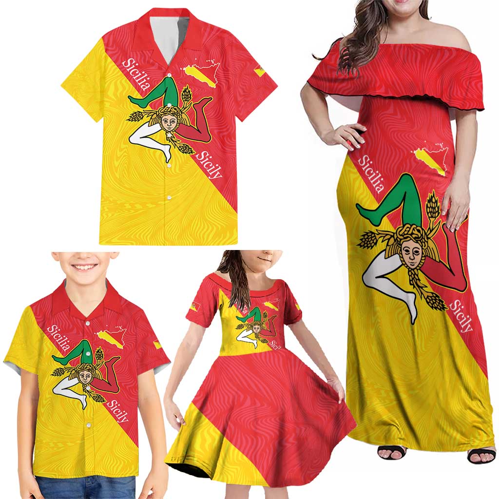 Personalized Italy Sicily Family Matching Off Shoulder Maxi Dress and Hawaiian Shirt Sicilia Gorgoneion with Triskeles
