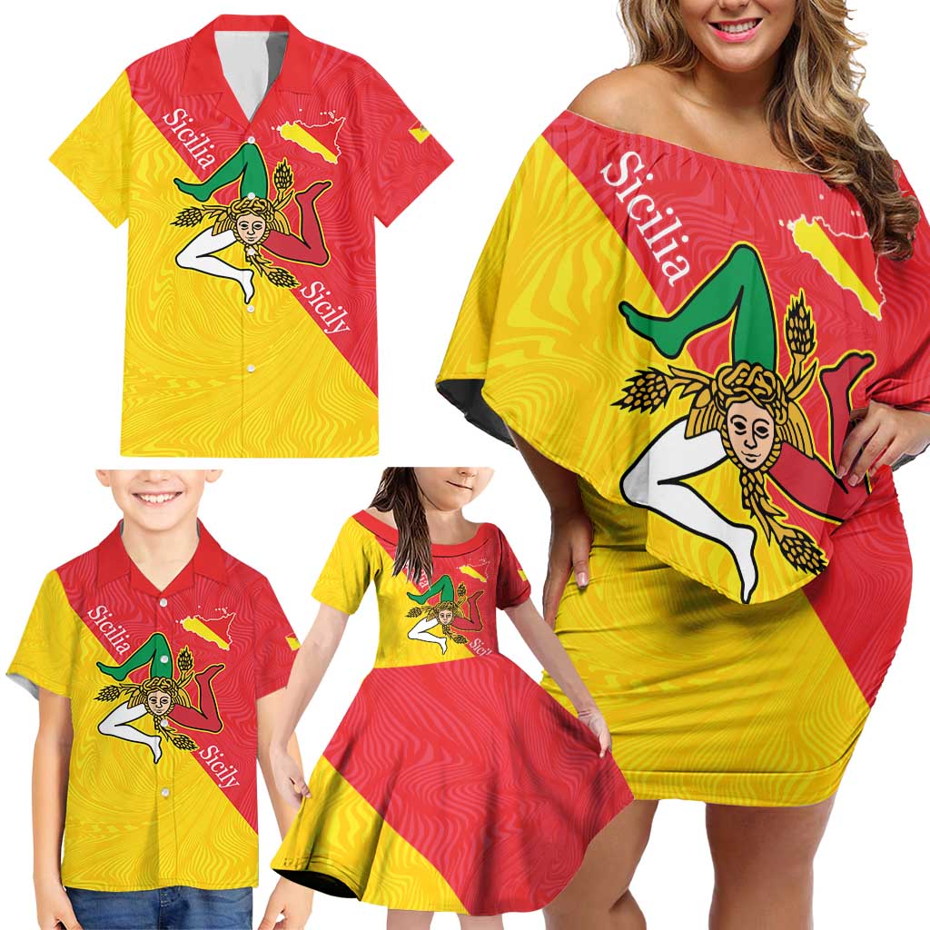 Personalized Italy Sicily Family Matching Off Shoulder Short Dress and Hawaiian Shirt Sicilia Gorgoneion with Triskeles