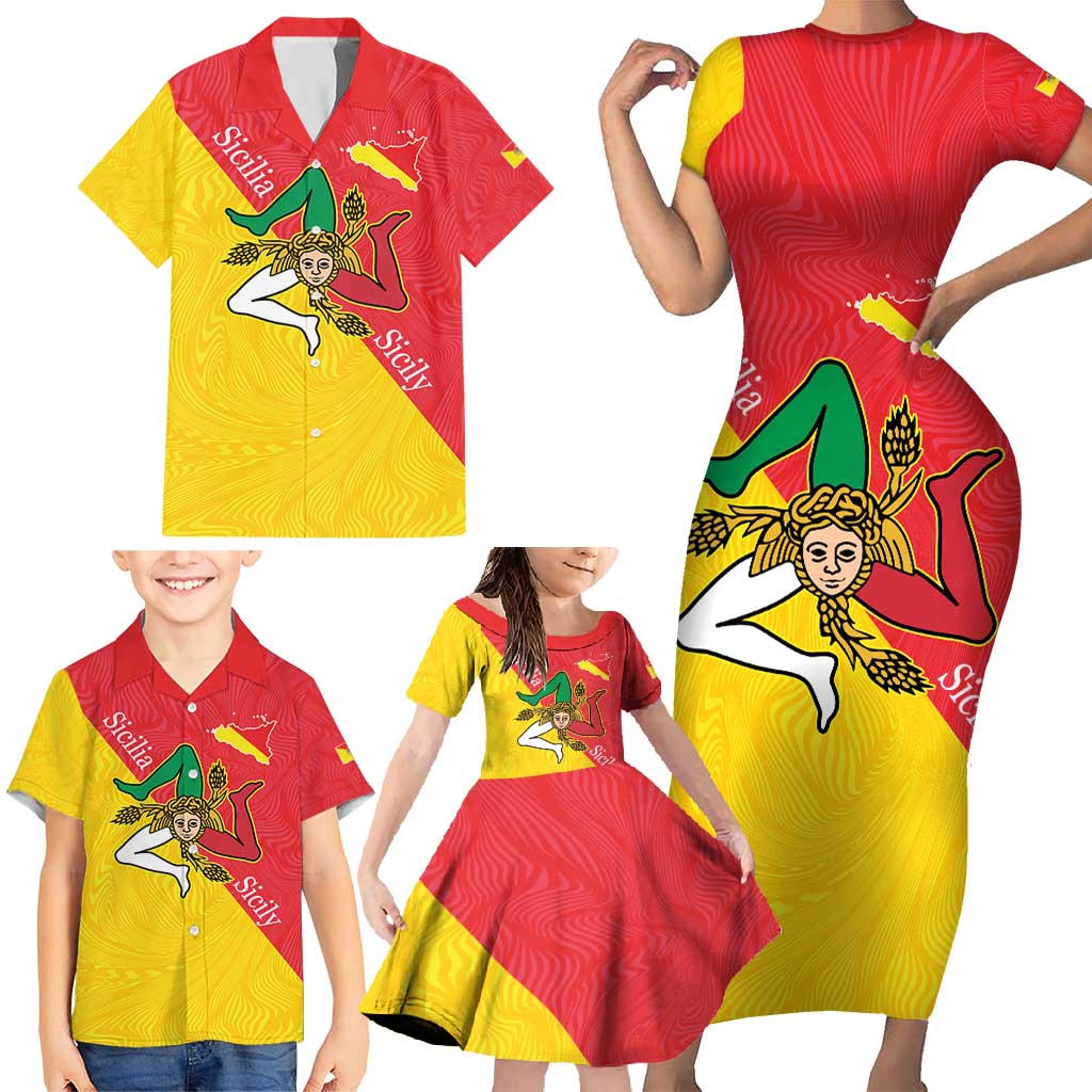 Personalized Italy Sicily Family Matching Short Sleeve Bodycon Dress and Hawaiian Shirt Sicilia Gorgoneion with Triskeles