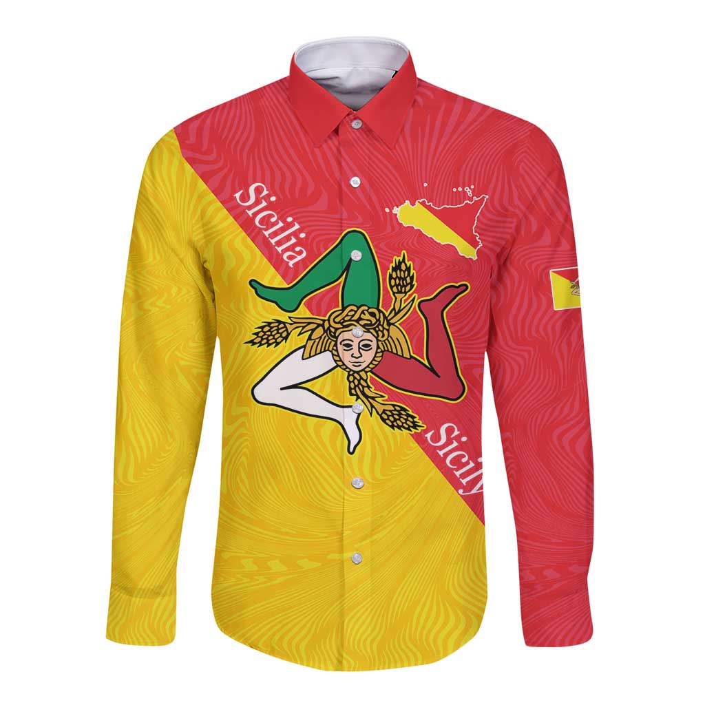 Personalized Italy Sicily Long Sleeve Button Shirt Sicilia Gorgoneion with Triskeles