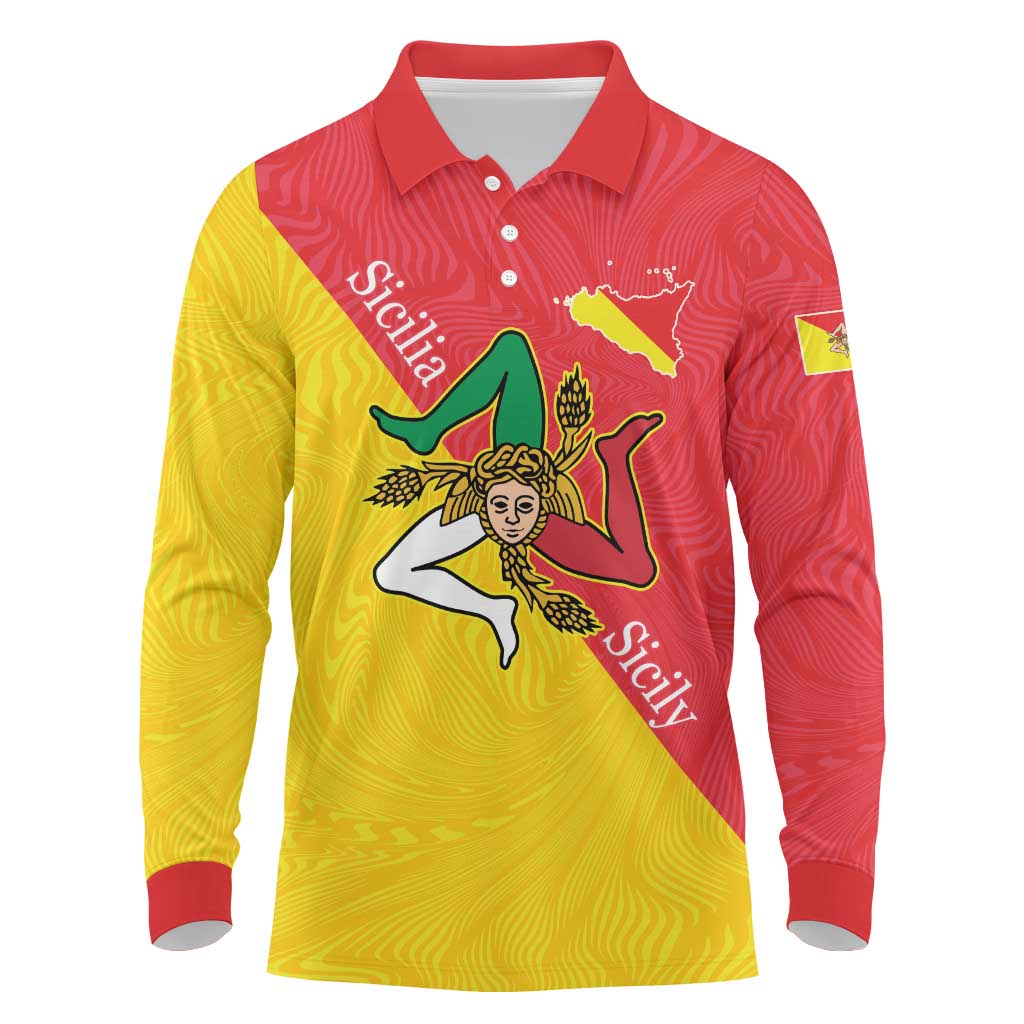 Personalized Italy Sicily Long Sleeve Polo Shirt Sicilia Gorgoneion with Triskeles