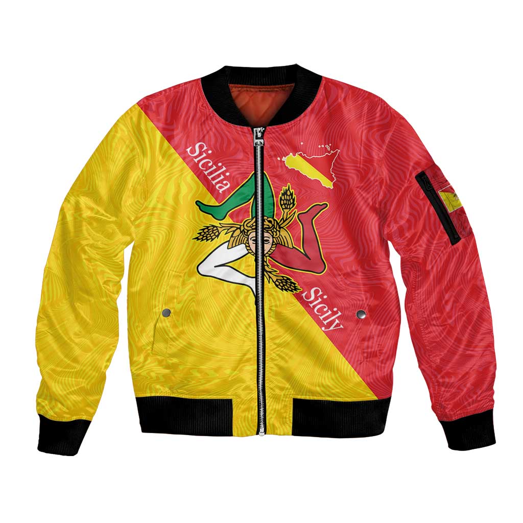 Personalized Italy Sicily Sleeve Zip Bomber Jacket Sicilia Gorgoneion with Triskeles