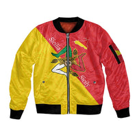 Personalized Italy Sicily Sleeve Zip Bomber Jacket Sicilia Gorgoneion with Triskeles