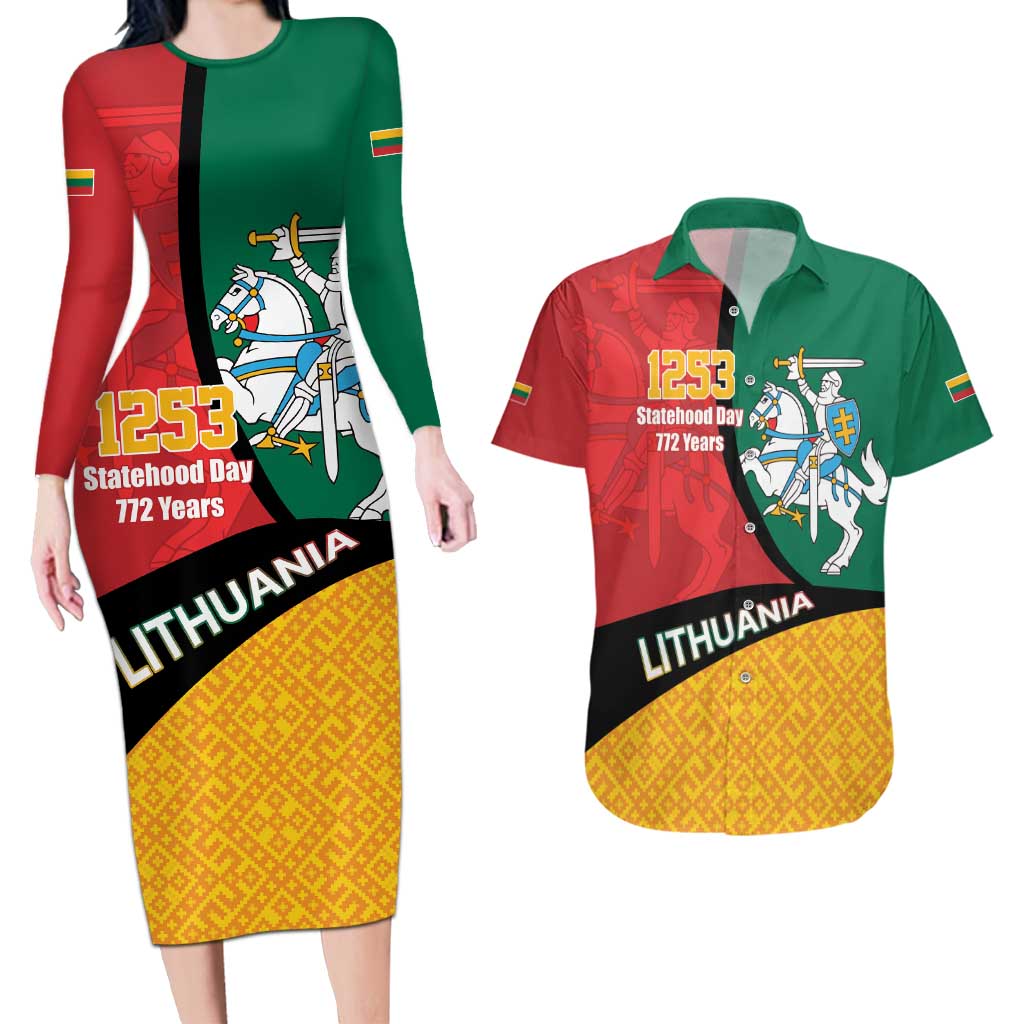 Lithuania Statehood Day July 6 Couples Matching Long Sleeve Bodycon Dress and Hawaiian Shirt Lietuva Tevyne musu