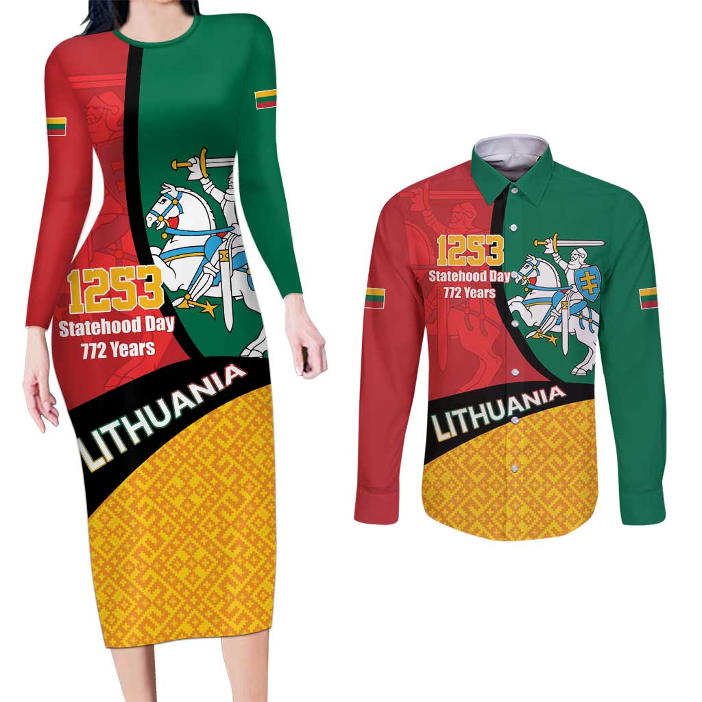 Lithuania Statehood Day July 6 Couples Matching Long Sleeve Bodycon Dress and Long Sleeve Button Shirt Lietuva Tevyne musu