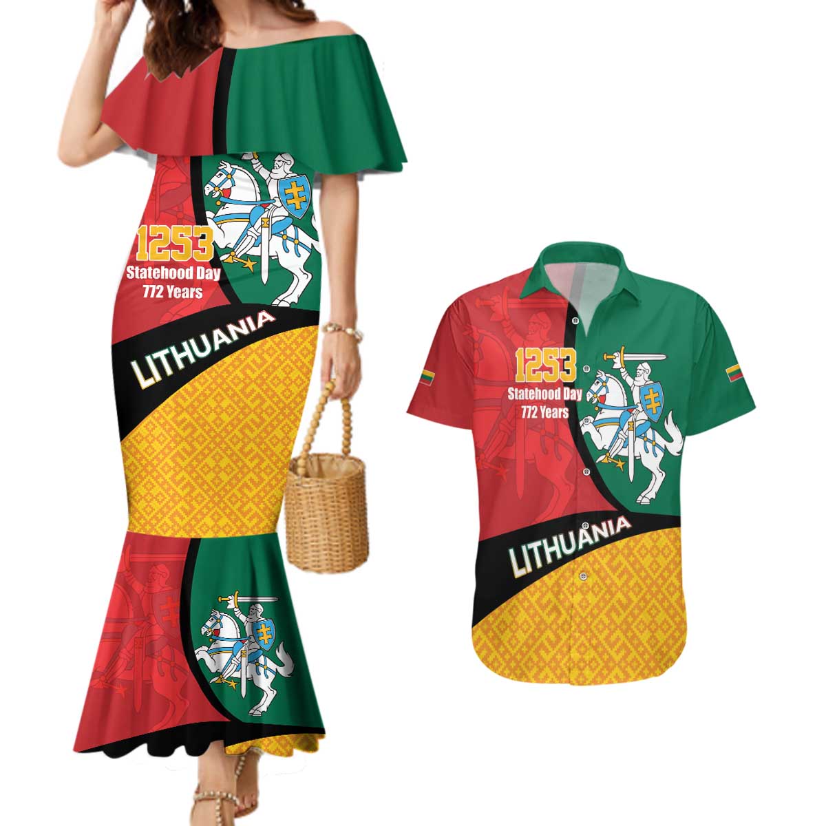 Lithuania Statehood Day July 6 Couples Matching Mermaid Dress and Hawaiian Shirt Lietuva Tevyne musu