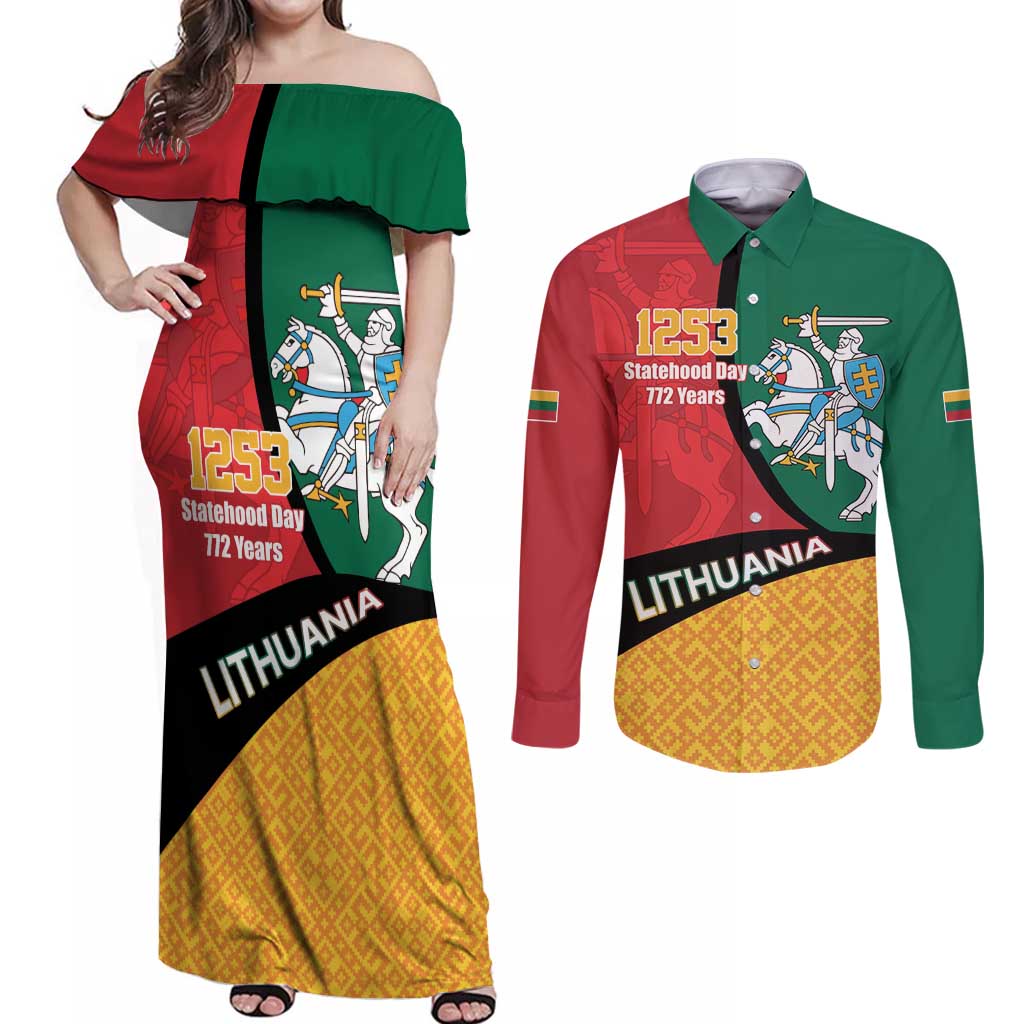 Lithuania Statehood Day July 6 Couples Matching Off Shoulder Maxi Dress and Long Sleeve Button Shirt Lietuva Tevyne musu