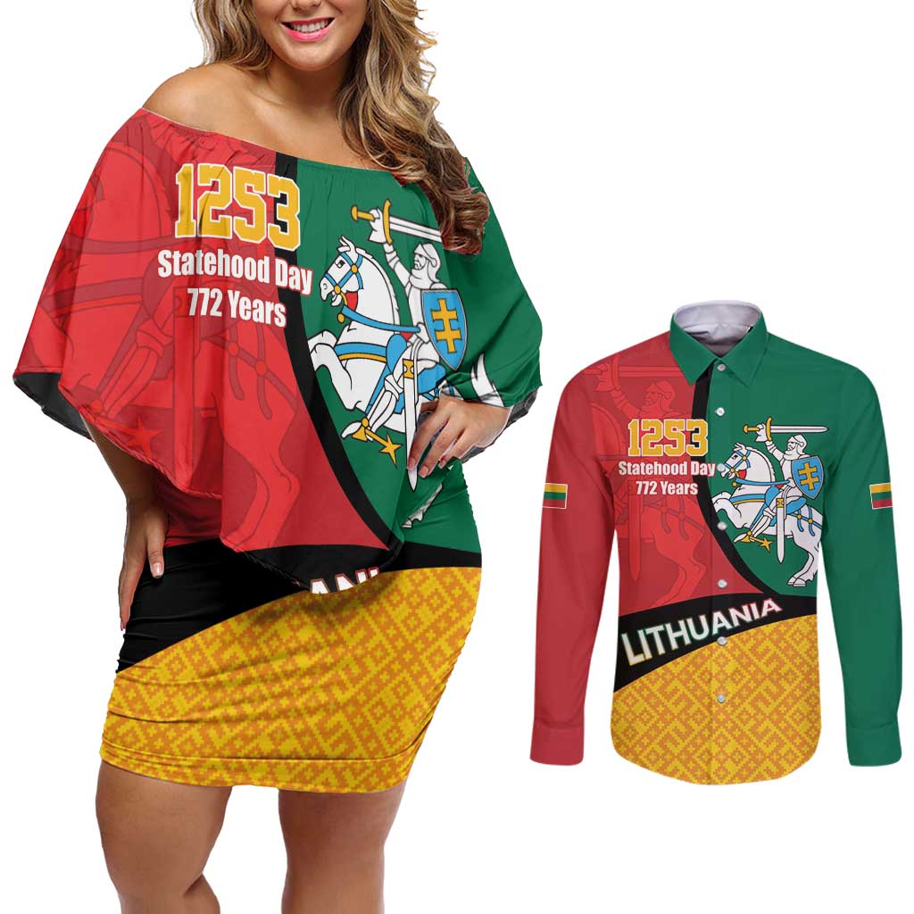 Lithuania Statehood Day July 6 Couples Matching Off Shoulder Short Dress and Long Sleeve Button Shirt Lietuva Tevyne musu