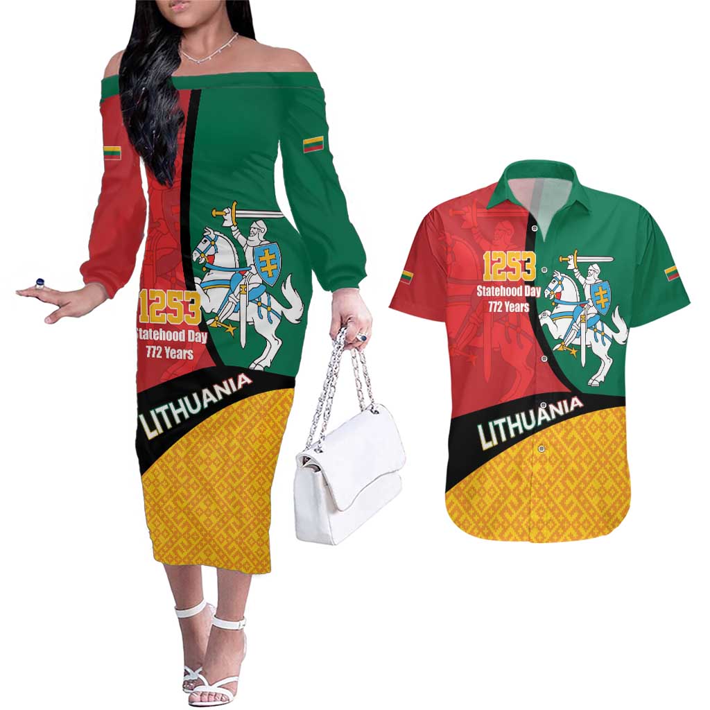 Lithuania Statehood Day July 6 Couples Matching Off The Shoulder Long Sleeve Dress and Hawaiian Shirt Lietuva Tevyne musu