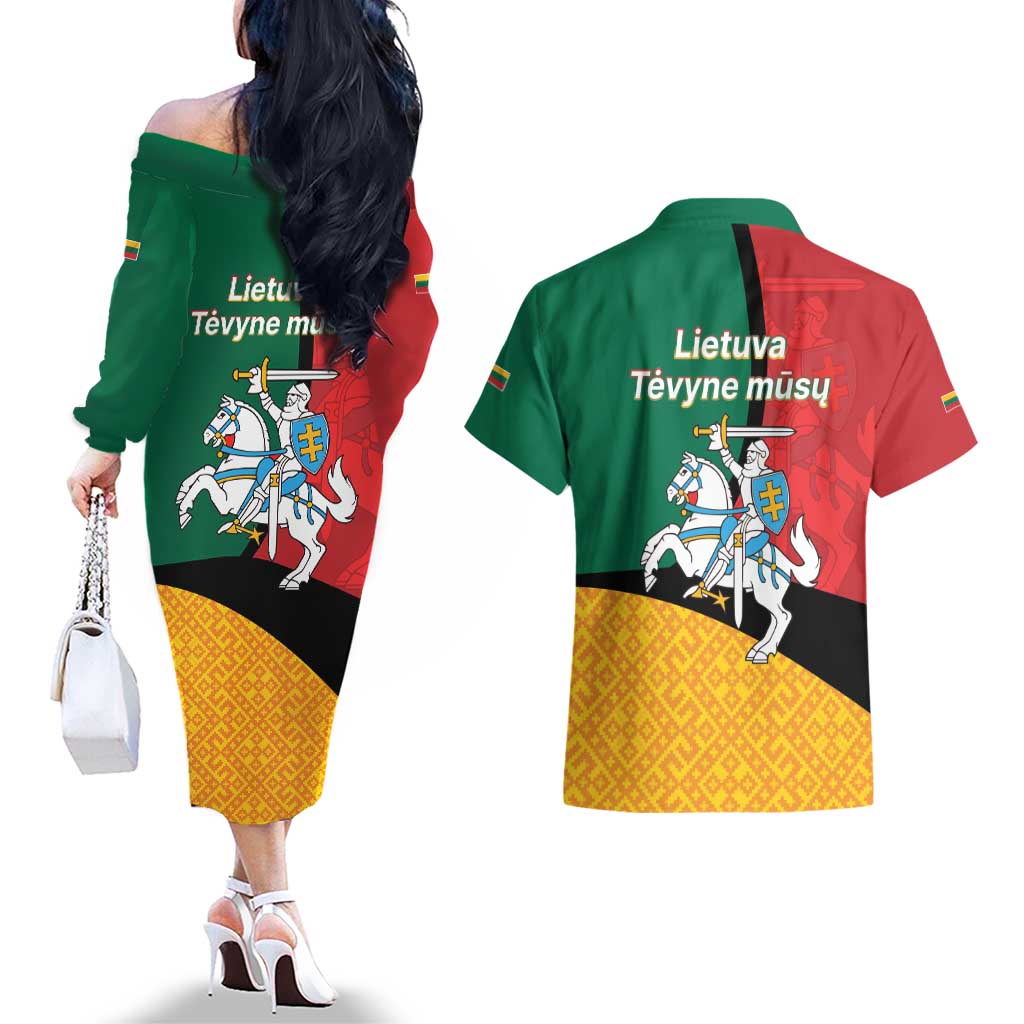 Lithuania Statehood Day July 6 Couples Matching Off The Shoulder Long Sleeve Dress and Hawaiian Shirt Lietuva Tevyne musu
