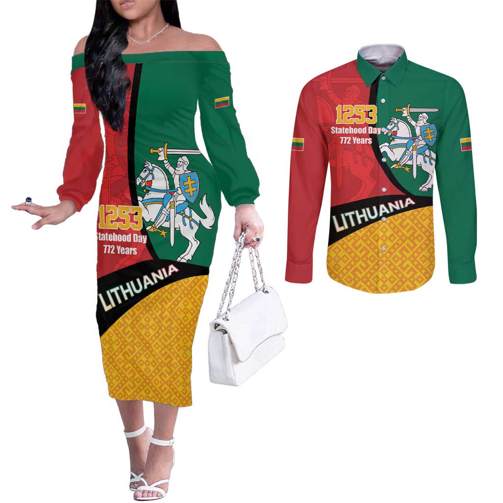 Lithuania Statehood Day July 6 Couples Matching Off The Shoulder Long Sleeve Dress and Long Sleeve Button Shirt Lietuva Tevyne musu