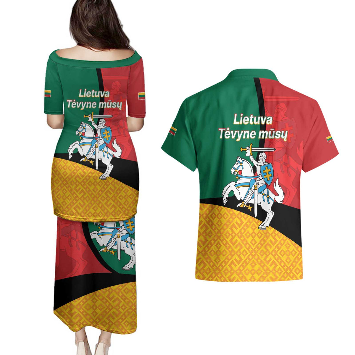 Lithuania Statehood Day July 6 Couples Matching Puletasi and Hawaiian Shirt Lietuva Tevyne musu