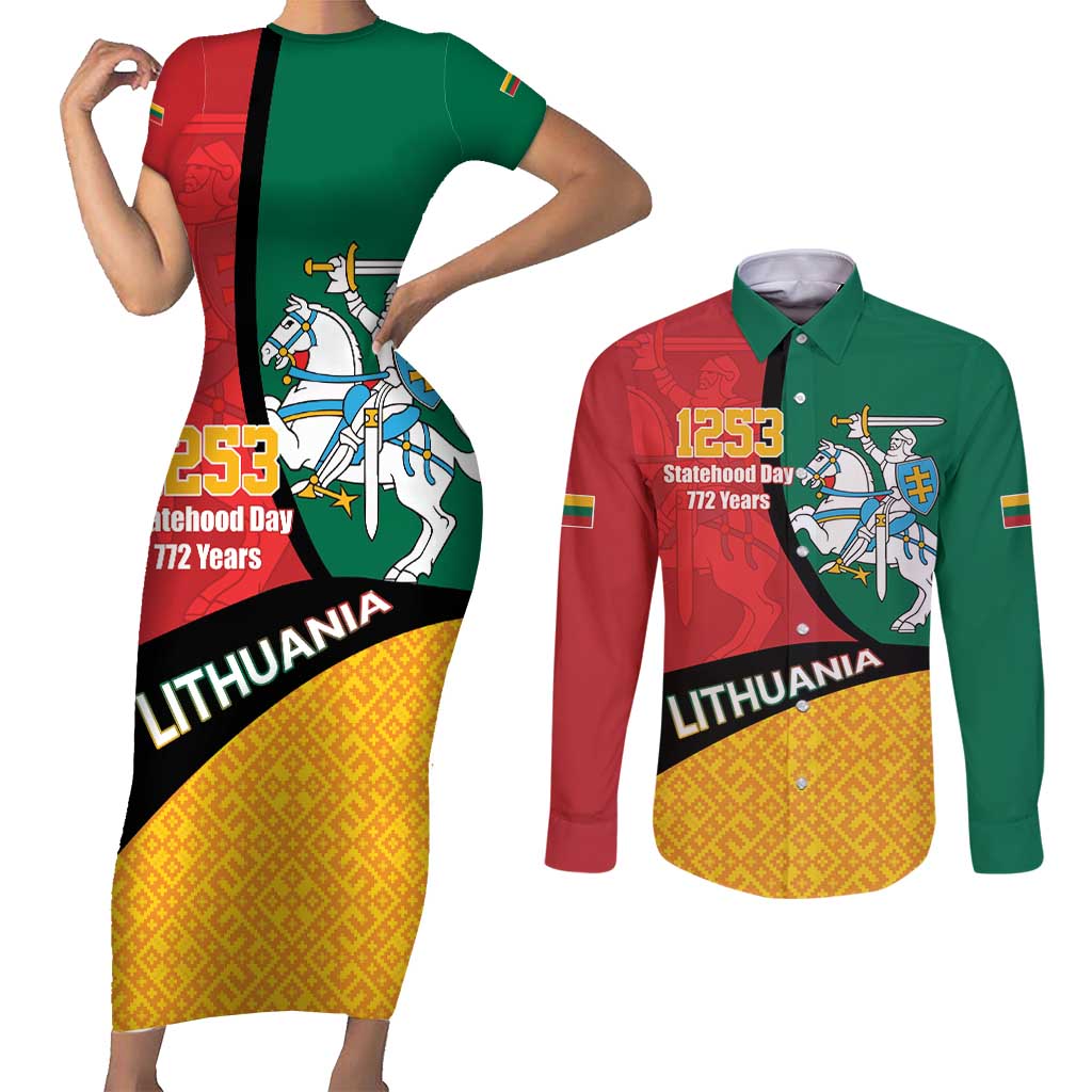 Lithuania Statehood Day July 6 Couples Matching Short Sleeve Bodycon Dress and Long Sleeve Button Shirt Lietuva Tevyne musu