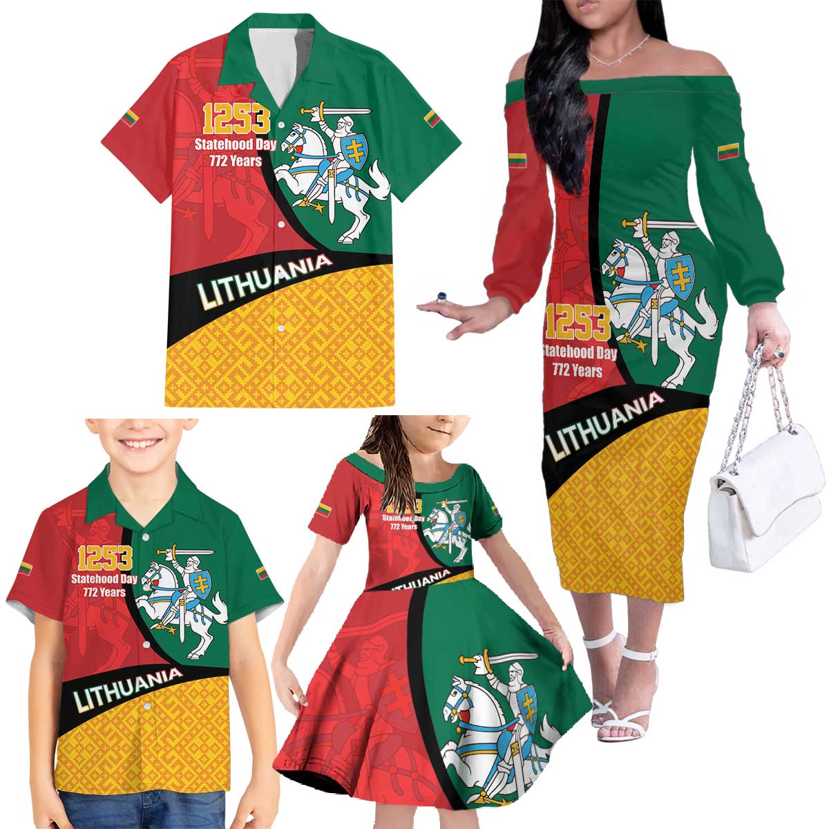 Lithuania Statehood Day July 6 Family Matching Off The Shoulder Long Sleeve Dress and Hawaiian Shirt Lietuva Tevyne musu