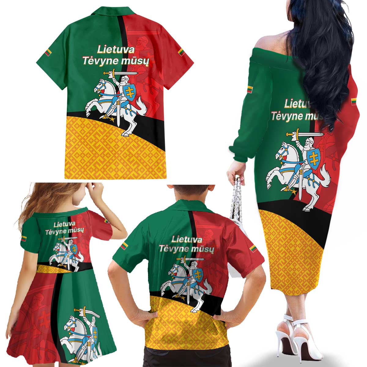 Lithuania Statehood Day July 6 Family Matching Off The Shoulder Long Sleeve Dress and Hawaiian Shirt Lietuva Tevyne musu