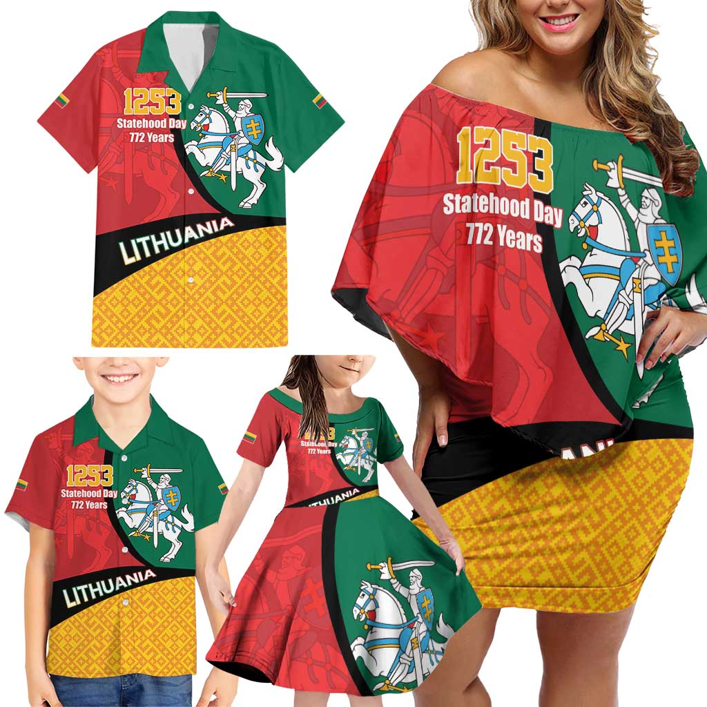 Lithuania Statehood Day July 6 Family Matching Off Shoulder Short Dress and Hawaiian Shirt Lietuva Tevyne musu