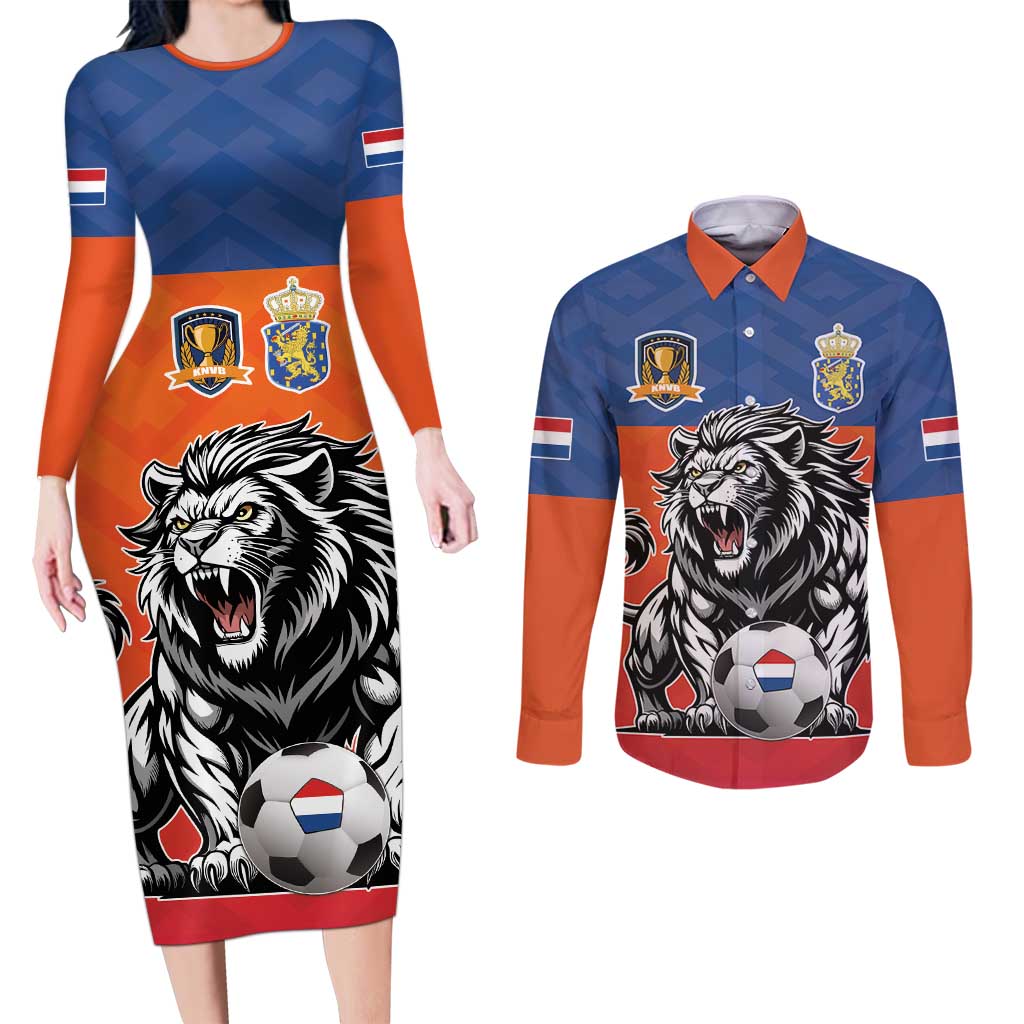 Netherlands Football Couples Matching Long Sleeve Bodycon Dress and Long Sleeve Button Shirt Oranje Lion Go Champion