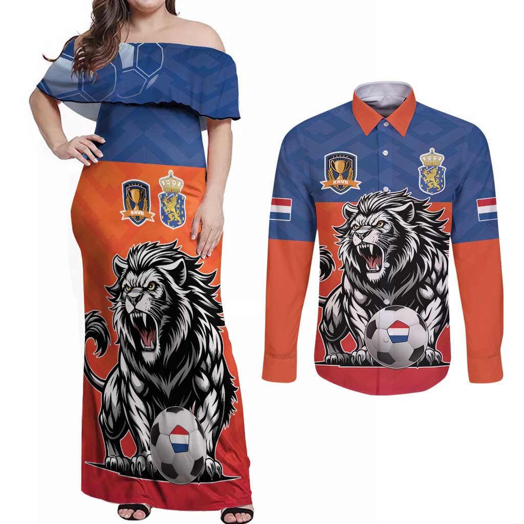 Netherlands Football Couples Matching Off Shoulder Maxi Dress and Long Sleeve Button Shirt Oranje Lion Go Champion