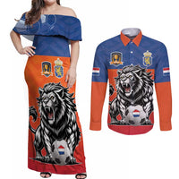 Netherlands Football Couples Matching Off Shoulder Maxi Dress and Long Sleeve Button Shirt Oranje Lion Go Champion