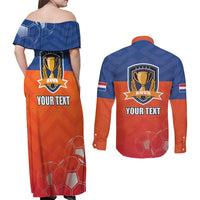 Netherlands Football Couples Matching Off Shoulder Maxi Dress and Long Sleeve Button Shirt Oranje Lion Go Champion