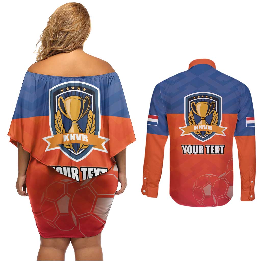 Netherlands Football Couples Matching Off Shoulder Short Dress and Long Sleeve Button Shirt Oranje Lion Go Champion