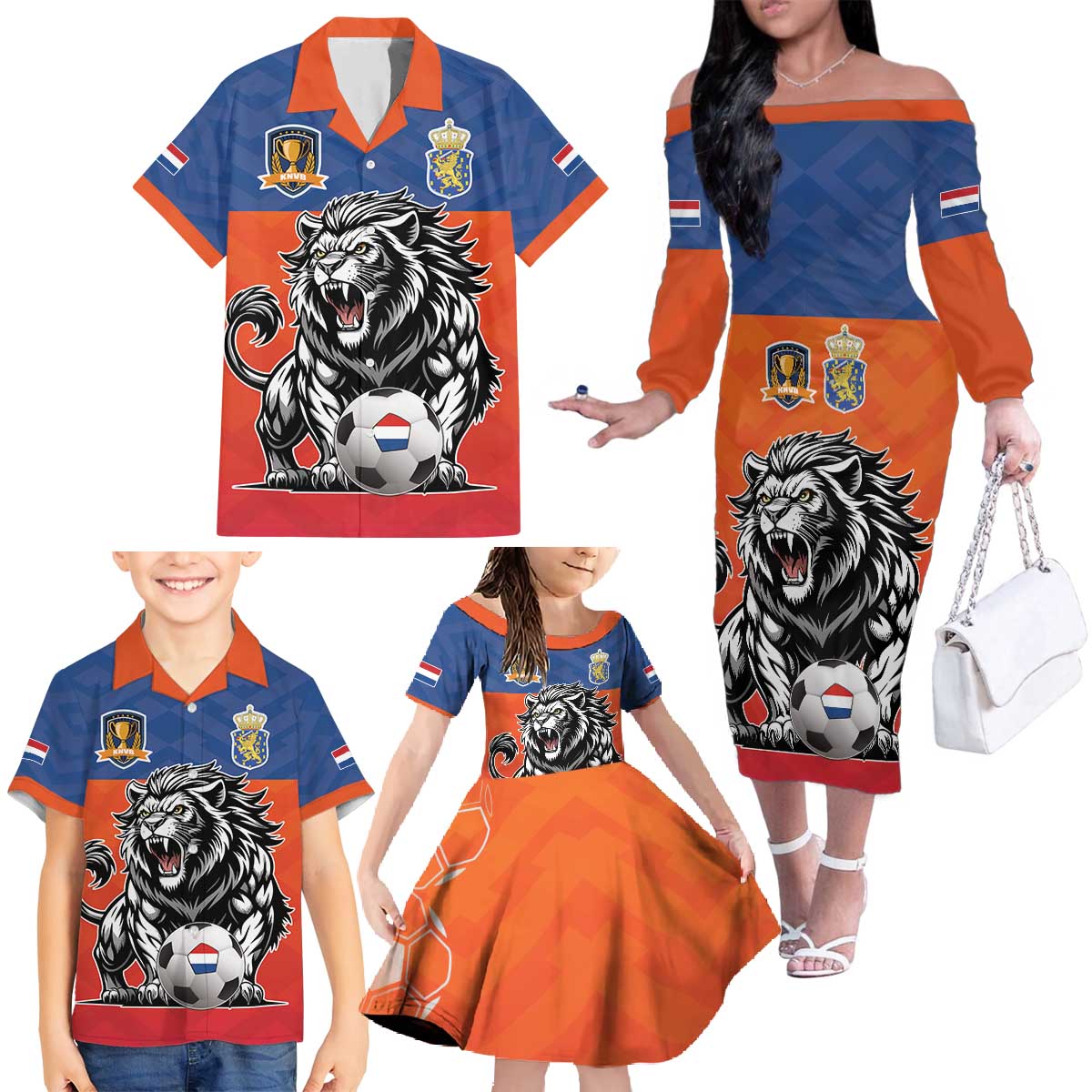 Netherlands Football Family Matching Off The Shoulder Long Sleeve Dress and Hawaiian Shirt Oranje Lion Go Champion