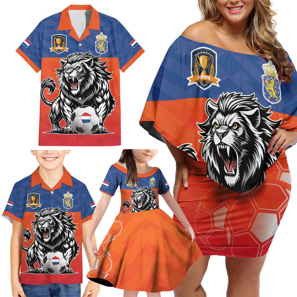 Netherlands Football Family Matching Off Shoulder Short Dress and Hawaiian Shirt Oranje Lion Go Champion